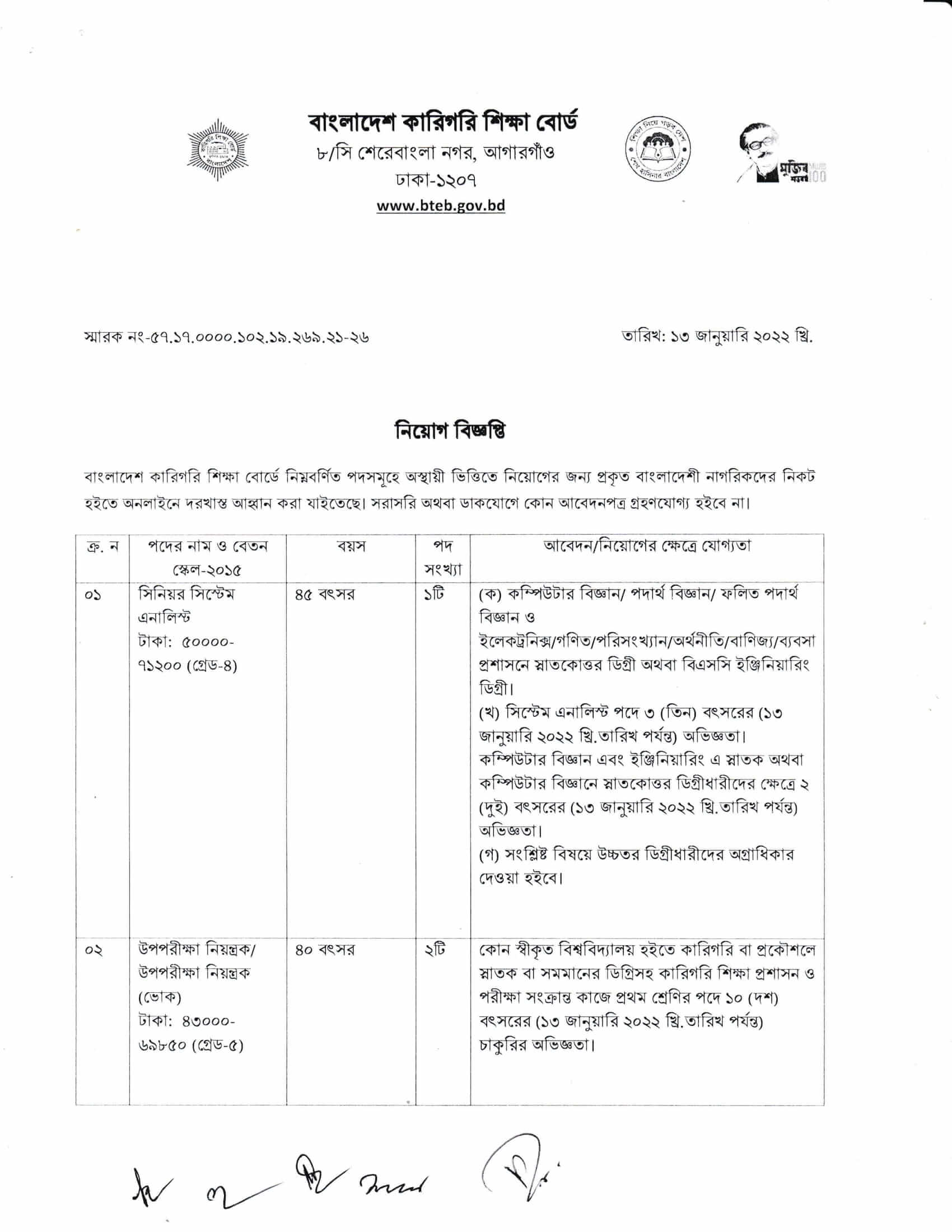 বাংলাদেশ কারিগরি শিক্ষা বোর্ড নিয়োগ বিজ্ঞপ্তি ২০২২