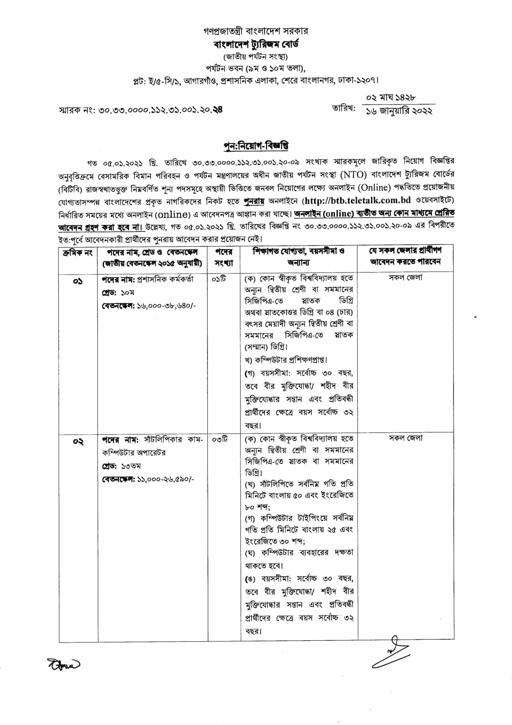 পেজ-১ বাংলাদেশ ট্যুরিজম বোর্ড নিয়োগ বিজ্ঞপ্তি ২০২২